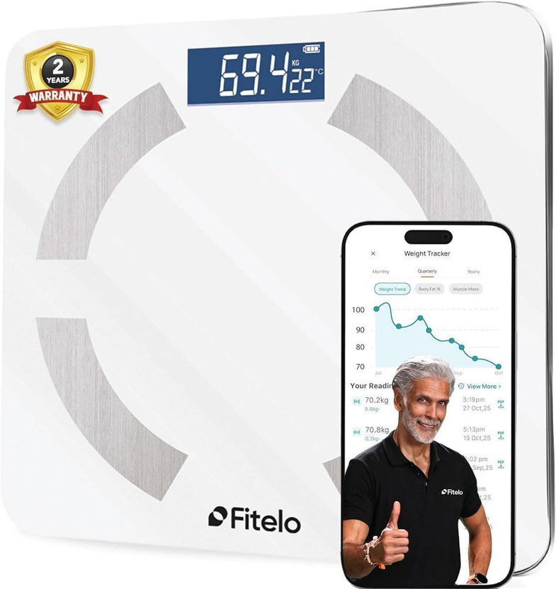 Fitelo Bluetooth Smart Scale | Body Fat BMI Analyzer | Tracks 18 Metrics | App Sync Weighing Scale(White)