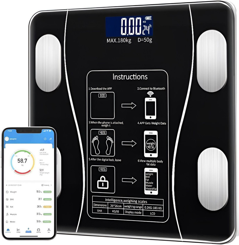 NC-PTL Smart Connected Electronic Digital Weighing Scale / BMI Scale, Large LCD Display Weighing Scale(Black)