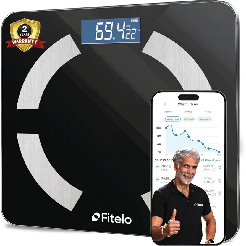 Fitelo Bluetooth Smart Scale | Body Fat BMI Analyzer | Tracks 18 Metrics | App Sync Weighing Scale(Black)