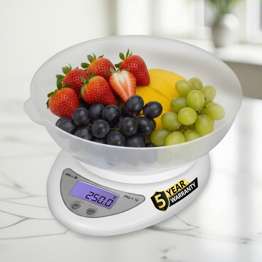 iBELL KS501M Food Weighing Scale, 5kg, Tare Function, LCD Display, Portable Kitchen Weighing Scale(White)