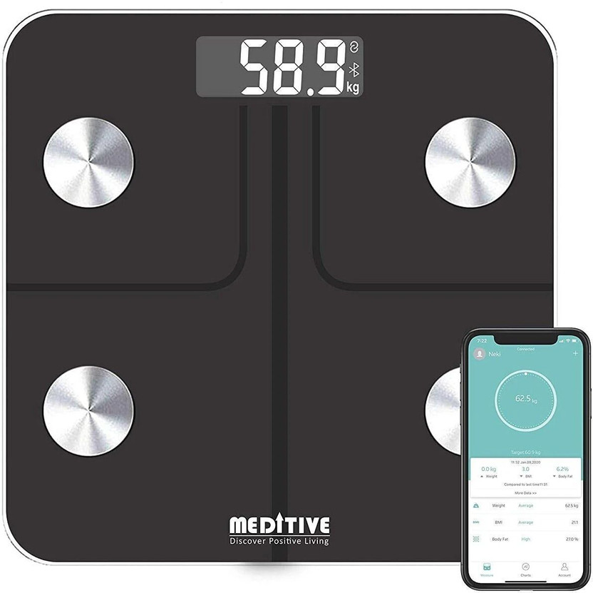 MEDITIVE Bluetooth Digital Personal Smart weighing scale for Body weight, Body fat, Muscle mass, BMI, BMR, etc with Mobile App Weighing Scale(Black)