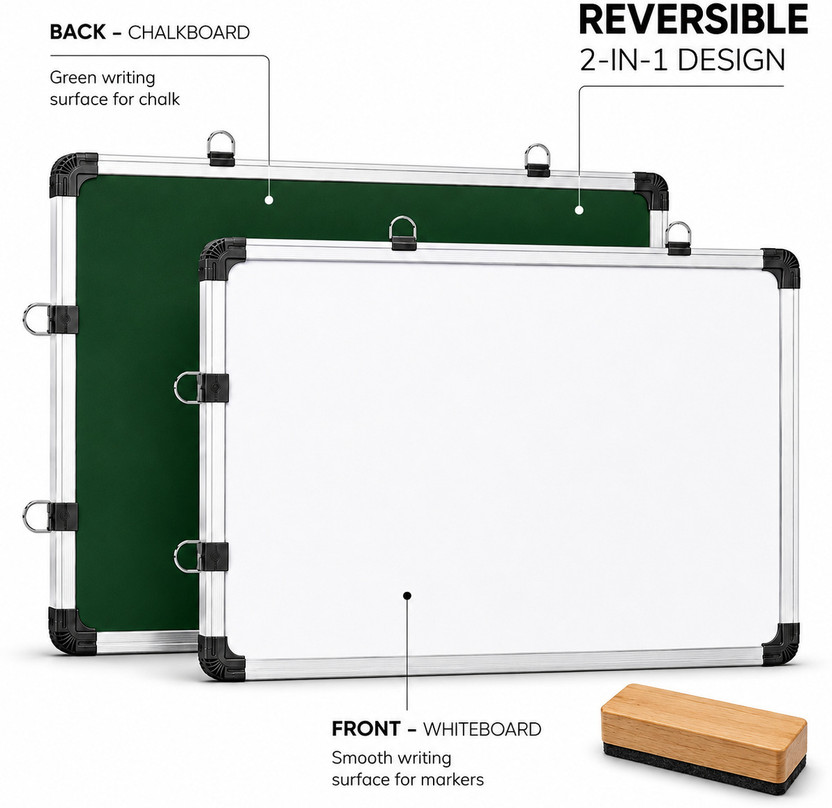 Writezy Non Magnetic WRITEZY 1.5 x 2 Ft Whiteboard and Green Chalkboard Combo | Included Wooden Duster | Dry Erase & Chalk Writing Board for School Whiteboards(White, Green)