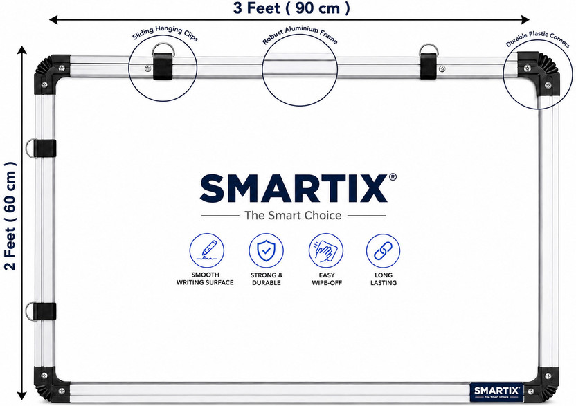 Smartix Non Magnetic with Aluminium Frame & Duster,Marker included for Home Smooth Surface for Kids, School & Office (60x90 cm) The Smart Choice for Learning & Working(2x3 Feet) Whiteboards and Duster Combos(White, Green)