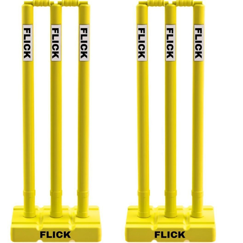 Flick SPORTS Plastic Stump Set (Set of 2) - 6 Stumps, 2 Base and 2 Bails (Yellow)(Yellow)