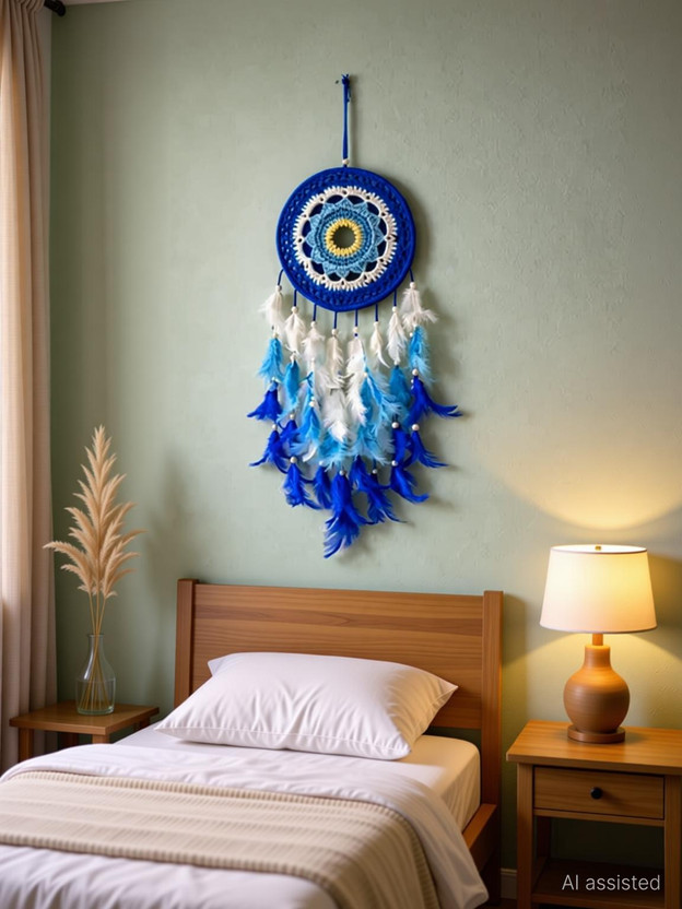Nahida Blue Feather Dreamcatcher Wall Hanging Feather Windchime(20 inch, Blue)