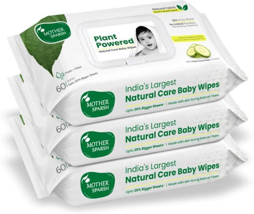 Mother Sparsh Natural Care Cloth Like Baby Wipes With Cucumber | Bigger Sheets | (60 X 3Pcs)(180 Wipes)