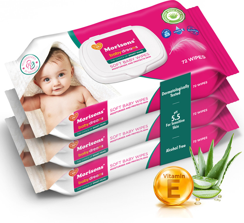 Morisons Baby Dreams Baby Wipes 72's Combo with lid - Pack of 3(216 Wipes)