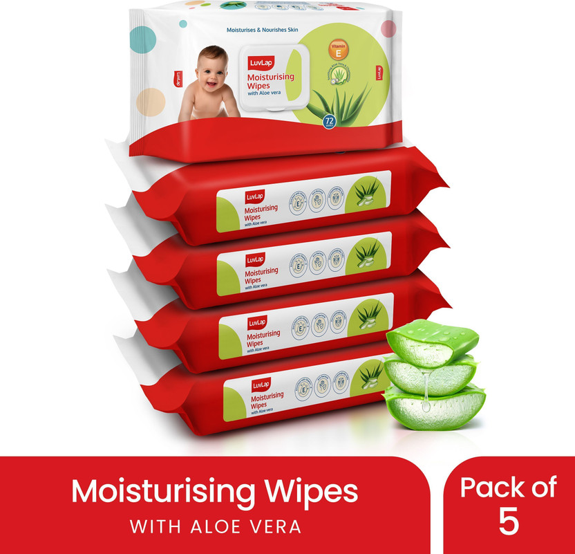 LuvLap Paraben Free wipes for baby with Aloe Vera, 72 wipes/pack with Lid(360 Wipes)