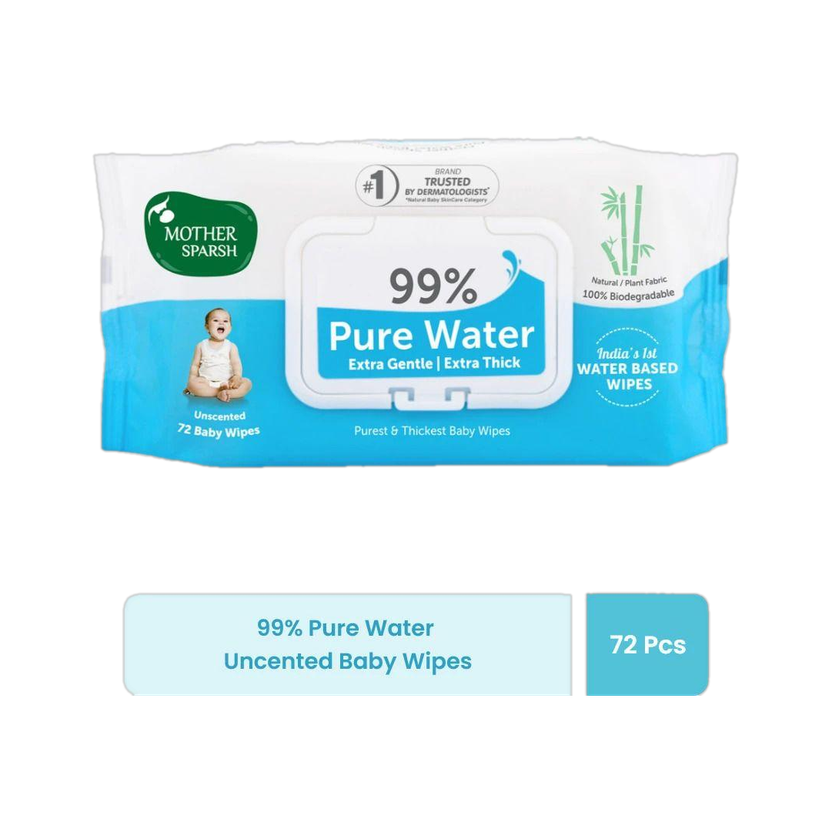 Mother Sparsh 99% Pure Water Based Baby Wipes (Unscented) - Natural Plant made cloth - Super Thick Fabric , 72 Wipes Each , Pack of 1(72 Wipes)