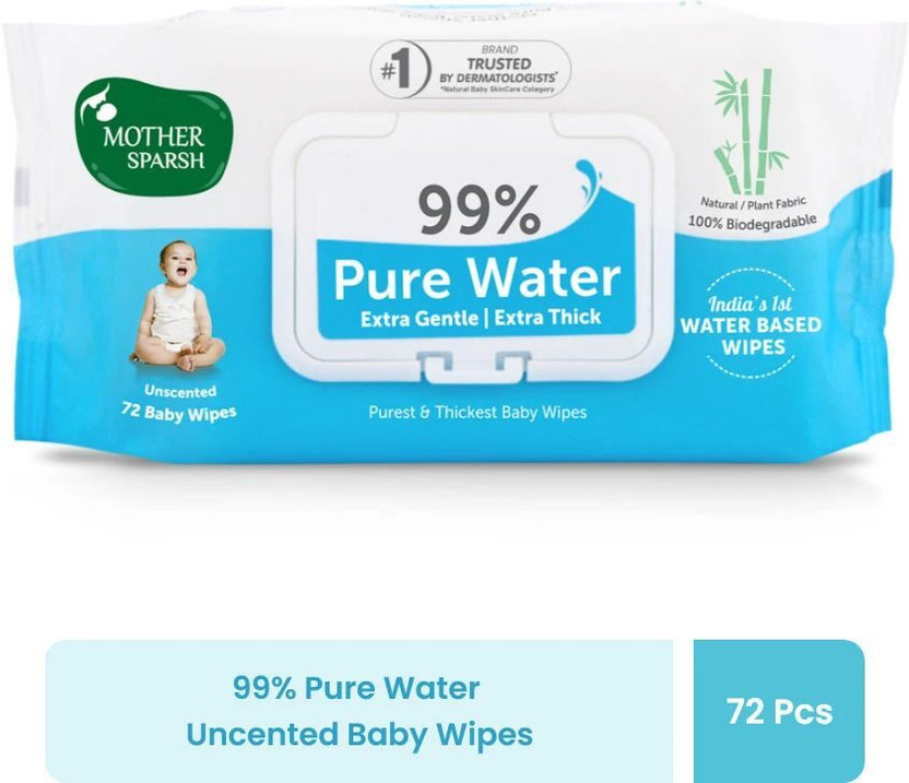 Mother Sparsh 99% Pure Water Based Baby Wipes (Unscented) - Natural Plant made cloth - Super Thick Fabric , 72 Wipes Each , Pack of 1(72 Wipes)