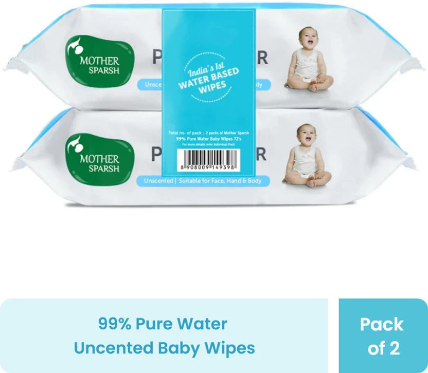 Mother Sparsh 99% Pure Water Based Baby Wipes (Unscented) - Natural Plant made cloth - Super Thick Fabric ,72 Wipes Each , Pack of 2(144 Wipes)
