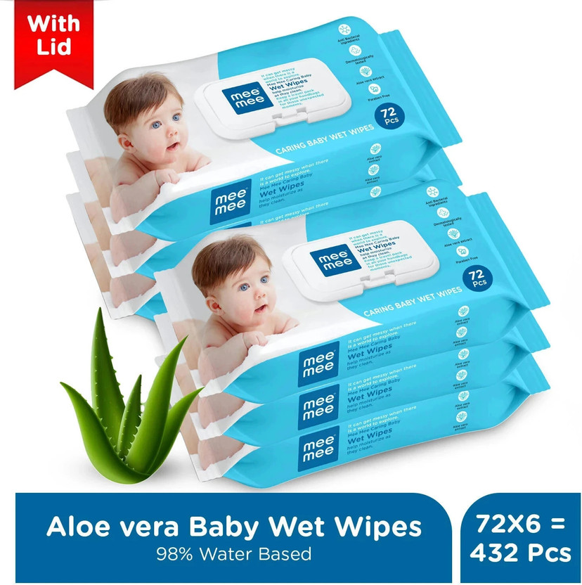 MeeMee Soft Cleansing Baby Wet with Lid | Aloe vera - Pack of 6(432 Wipes)