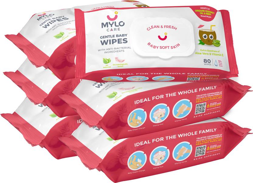 MYLO Gentle Baby Wipes, Soft Cleansing Baby Wipes with Coconut Oil, 98