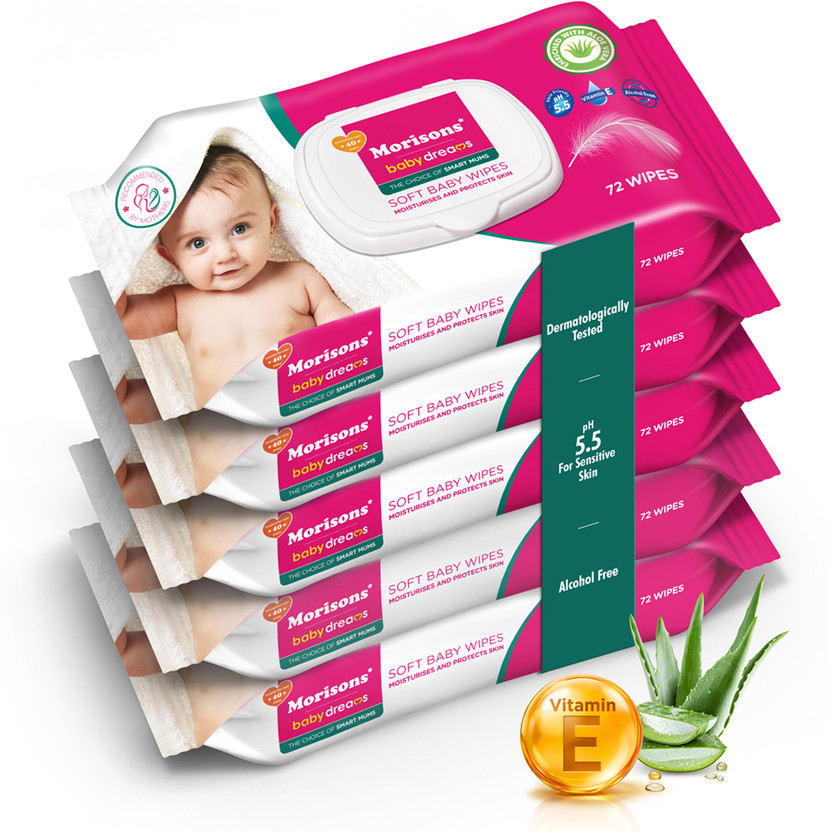 Morisons Morisons Baby Dreams Baby Wipes 72's Combo with lid - Pack of 5(360 Wipes) - Flipkart Deal
