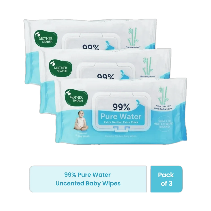 Mother Sparsh 99% Pure Water Based Baby Wipes (Unscented) - Natural Plant made cloth - Super Thick Fabric , 72 Wipes Each , Pack of 3(216 Wipes)