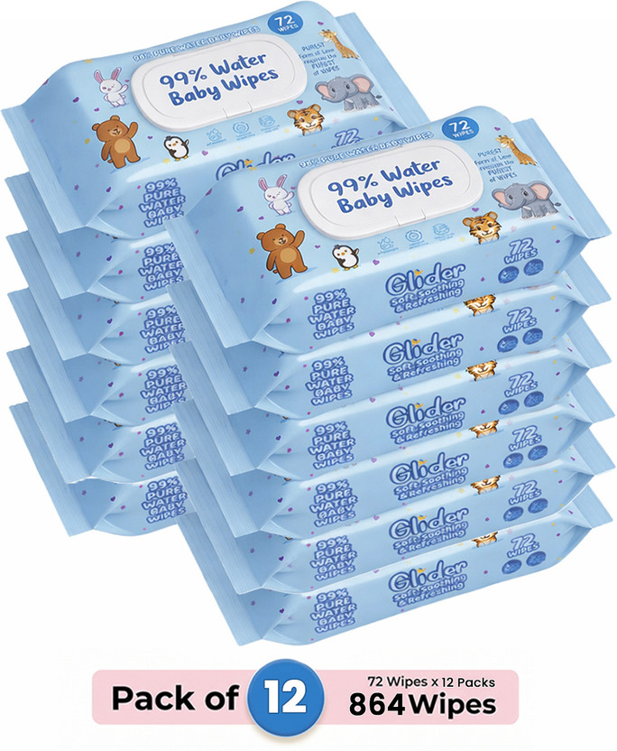 GLIDER GLIDER 99% Pure Water Baby Wipes with Lid | Skin Nourishing & Cleansing | Pack of 12(864 Wipes) - Flipkart Deal