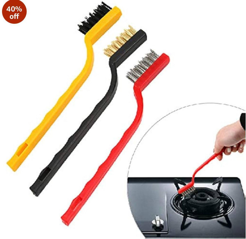 RK Trading Mini Wire Brush with Brass,Nylon, Stainless Steel Bristles for Cleaning Handle Handle Scratch Brush(Pack of 3)