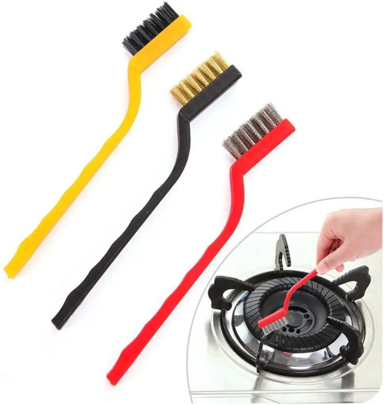 SEVENSPACE Mini Wire Brush Cleaning Tool Kit - Brass Nylon Stainless Steel Bristles 3 Pcs Handle Scratch Brush(Pack of 3)