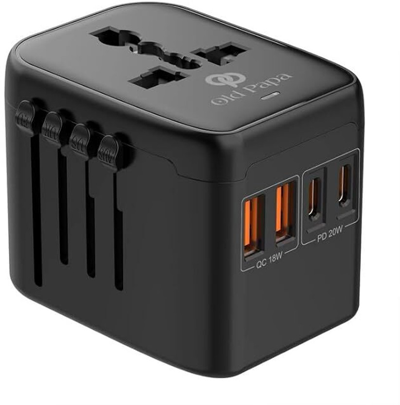 OLD PAPA Universal Travel Plug, 5 in 1 PD20W Power Converter, Fast Charging Worldwide Worldwide Adaptor(Black)