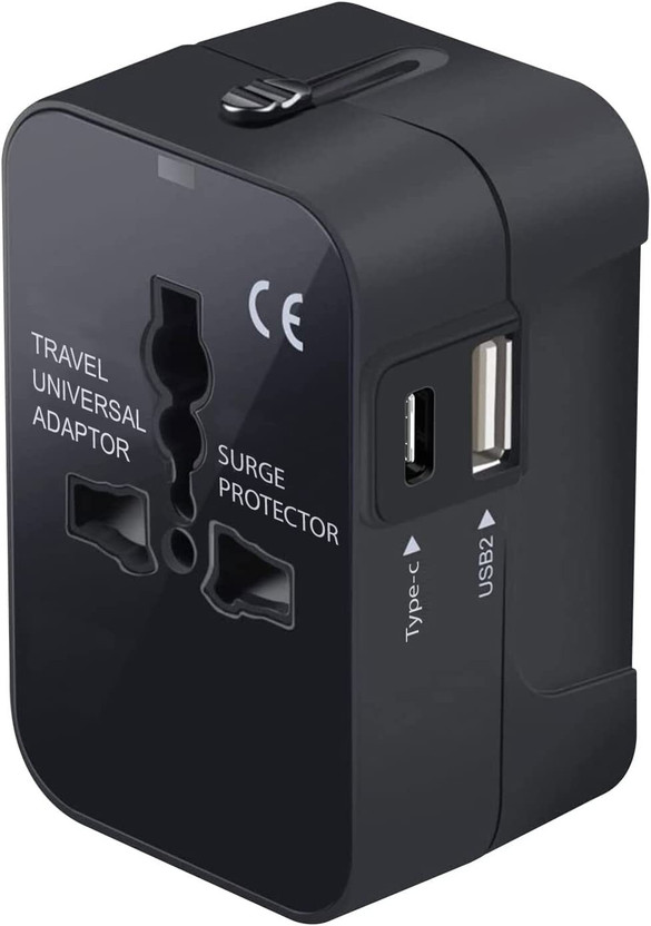 Jihaan 224 + Countries Universal Travel Power Adapter with 1 USB, 1 USB-C 2.4A Ports Worldwide Adaptor(Black)
