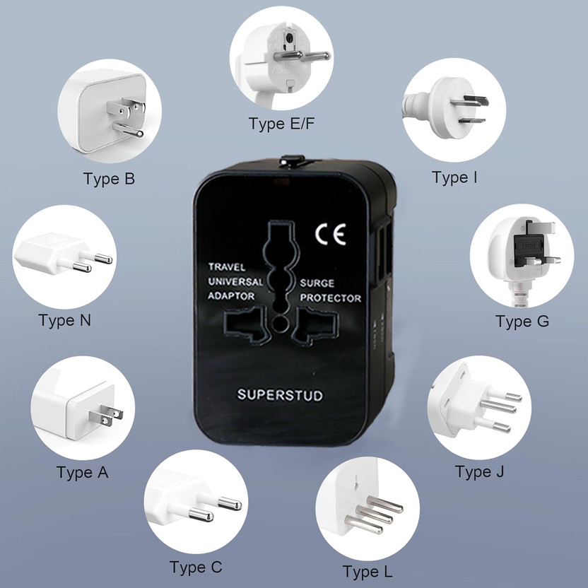SUPERSTUD Universal Travel Adapter with Dual USB All in one for US/Europe/UK Worldwide Adaptor(Black)