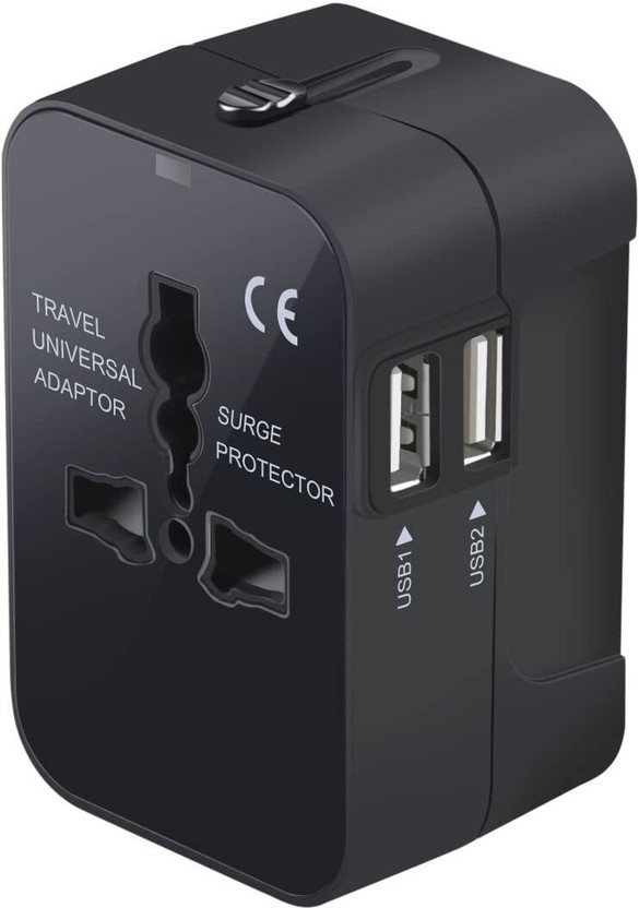 Jihaan High Speed Dual USB Universal Travel adapter International All in One Worldwide Travel Multi Plug Adapter cable and Wall Charger with Build in Dual USB(Black) Worldwide Adaptor(Black)