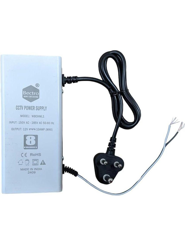 bectro CCTV Power Supply SMPS 8 Channel 12V 10 Amp Max. Metal Body Single Wire Output Worldwide Adaptor(White)