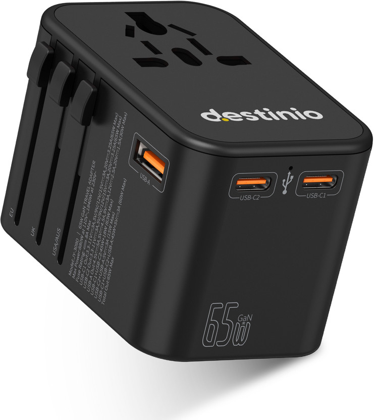 Destinio Universal Travel Adapter - Type C 65W GAN - Fast Charging 2 x Type C, 1 x USB Worldwide Adaptor(Black)