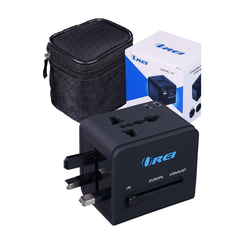 OREI Universal Travel Adapter with 2 USB Ports, 3 in 1 Charger (US, Europe, UK) Worldwide Adaptor(Black)