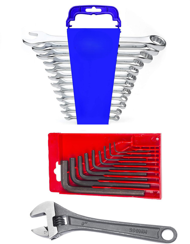 Exotic Exotic Arcade Kit of Combination Spanner 12 Pcs (6-22 MM) + 9 Pcs Allen Key Set (1.5-10 MM) + Adjustable Wrench 8 Inch || Double Sided Open End Wrench(Pack of 22) - Flipkart Deal
