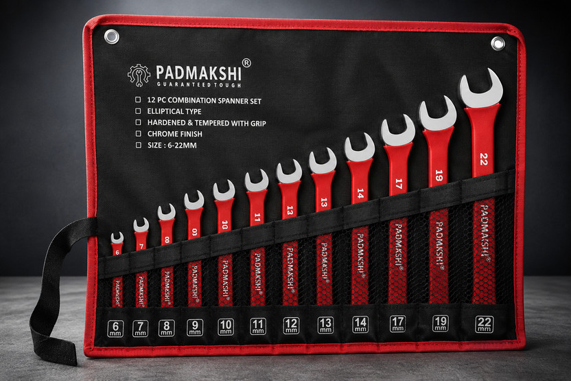 Padmakshi Combination Spanner Set-6mm To 22 mm ,12-Piece,Chrome Vanadium Steel 12-Piece,Chrome Vanadium Steel, with Rolling Pouch ,Red Color (With Bag) Double Sided Combination Wrench(Pack of 12)