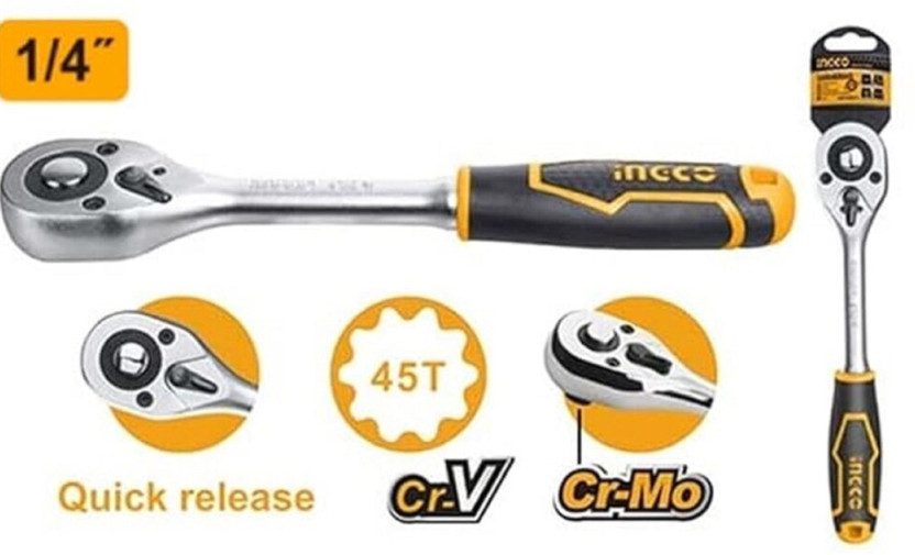 INGCO 1/4" Drive Ratchet Wrench HRTH0814 | 72 T, 158mm Inch, CR-V + Cr-Mo Material | Single Sided Rachet Wrench(Pack of 1)