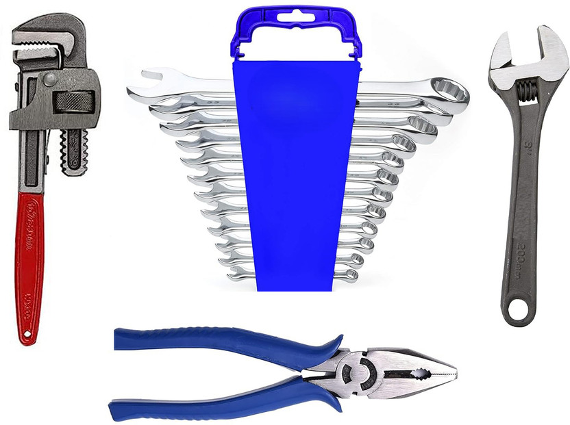 Exotic Arcade Multi-Purpose Tool Kit (Contains 12 Pcs Combination Spanner Set [6-22 MM] + 10" Pipe Wrench + 8" Adjustable Wrench + 8" Plier) || Double Sided Combination Wrench(Pack of 15)