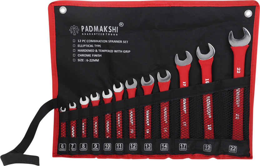 Padmakshi Combination Spanner Set-6mm To 22 mm ,12-Piece,Chrome Vanadium Steel 12-Piece,Chrome Vanadium Steel, with Rolling Pouch ,Red Color (With Bag) Double Sided Combination Wrench(Pack of 12)