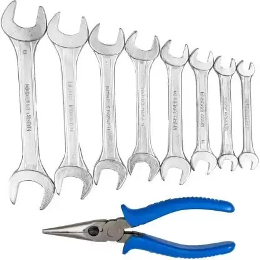 Exotic Arcade Combo of Double Open 8 Pcs Spanner Set (6-22mm) and Long Nose Plier(6"/150mm) || Best Quality Hand Tools Set Double Sided Open End Wrench(Pack of 9)