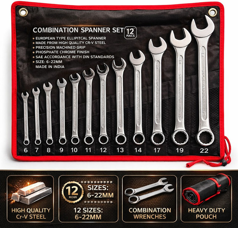 Padmakshi Pouch Combination Spanner Set 12pc (6mm To 22 mm) Pouch Combination Spanner Set 12pc (6mm To 22 mm) Double Sided Combination Wrench(Pack of 12)