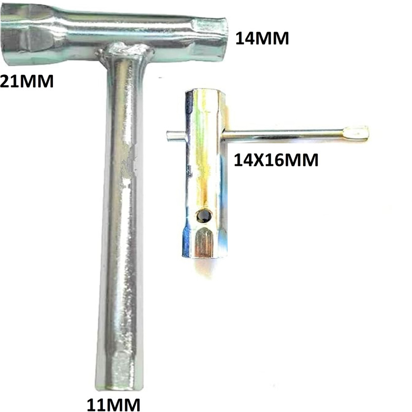 GrabMoor 2ps Set Multi-vehicle Plug Spanners Tool (14X16MM) & (11X14X21MM) For Hero Honda And Bajaj Motorbikes Chrome Plated Finish, Essential Choice Double Sided Pipe Wrench(Pack of 2)