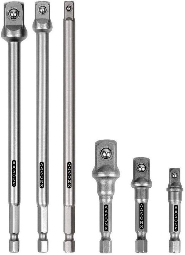 AASONS Impact Socket Adapter Set 6 Pcs For Tight Spaces Power Bit Holder 1/4” 3/8” 1/2” 50-150mm Extension Rod Nut Setter Attachment Single Sided Socket Wrench(Pack of 6)