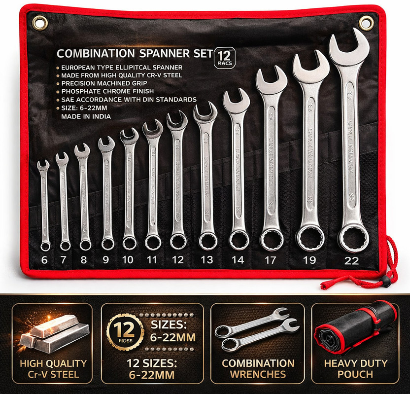 manvi Combination Spanner Set 6mm To 22 mm ,12-Piece Combination Spanner Set 6mm To 22 mm ,12-Piece Double Sided Combination Wrench(Pack of 12)