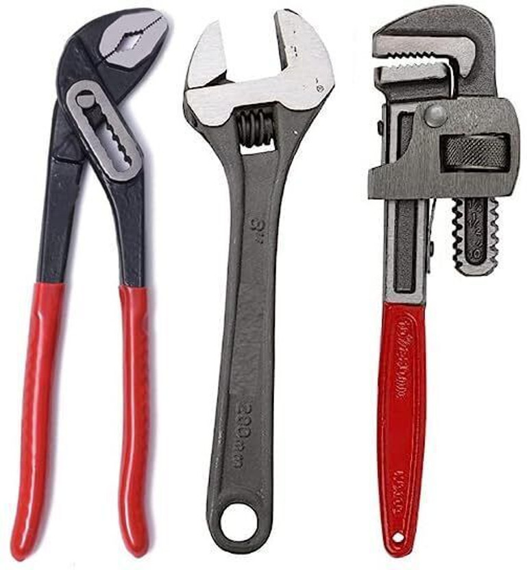 WhiteArcade Set Of 3 Plumbing Tools(10" Water Pumplier, 10" PipeWrench, 8" AdjustableWrench) || Heavy Duty Hand Tool Kit || Single Sided Pipe Wrench(Pack of 3)
