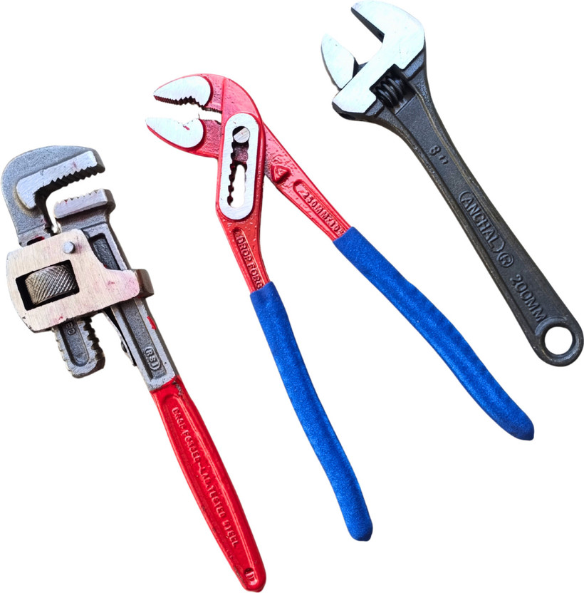 BALRAMA Jaw Opening Drop Forged Universal Multi-Functional for Plumbing & DIY Tools 3pc Hand Tool Kit Pipe Wrench 10 inch + Adjustable Sly 8 inch + Water Pump Plier Single Sided Pipe Wrench(Pack of 3)