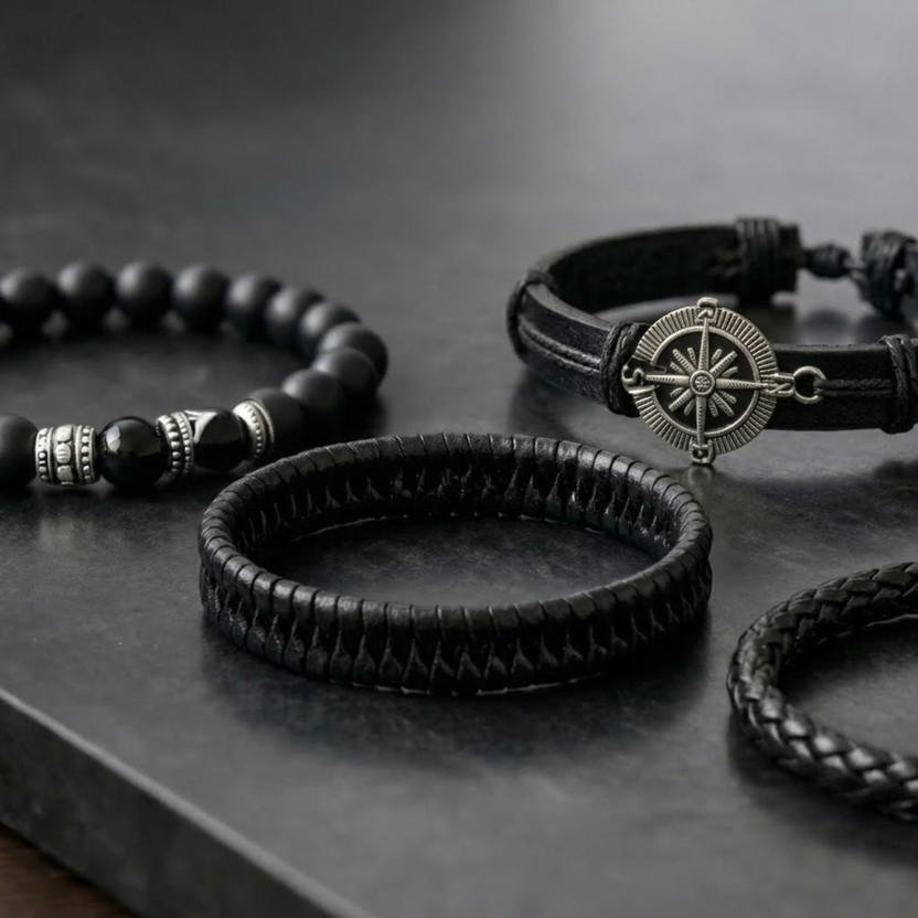 Kumar Kumar and brother collections Men's Black Leather Multilayer Bracelet with Compass Charm | Adjustable Men(Black, Pack of 1) - Flipkart Deal