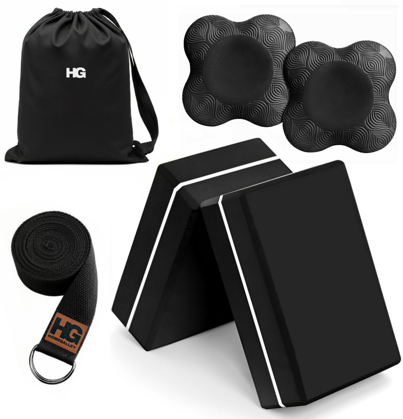 HOMEGALLEY Yoga Blocks Pack of 2 with Belt and 2 Yoga Knee Pad for Exercise Bricks Yoga Blocks(Black Pack of 2)