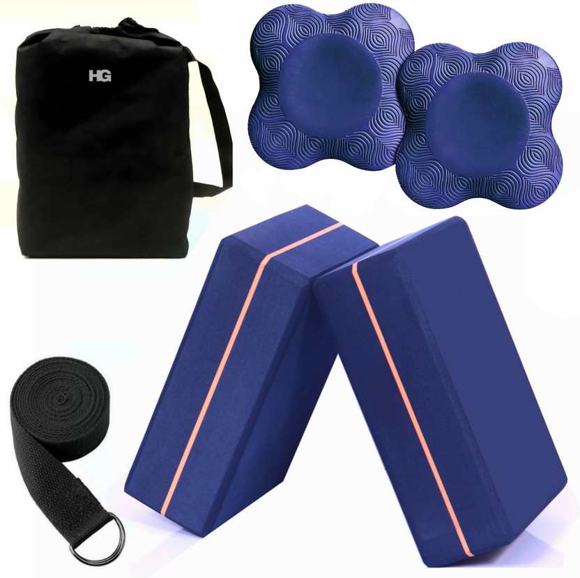 HOMEGALLEY Yoga Blocks Set of 2 with Belt and 2 Yoga Knee Pad for Exercise Bricks Yoga Blocks(Blue Pack of 2)
