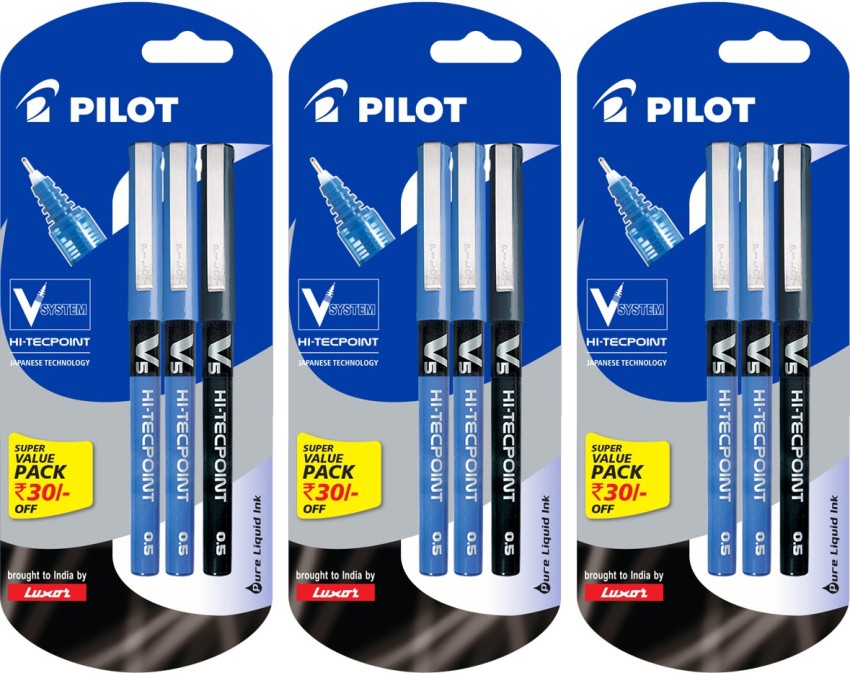 Pack of 8 - Luxor Pilot V5 Hi-TecPoint RollerBall Pen, Blue 4 Pen + Black 4  Pen