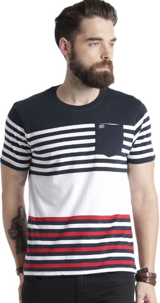 Buy Roadster Men Blue & White Striped Round Neck T Shirt - Tshirts for Men  9586559