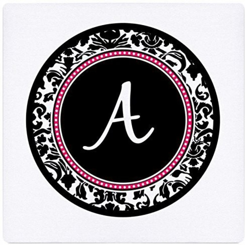 3dRose Letter A Stylish Monogrammed Circle - Black Damask Hot Pink