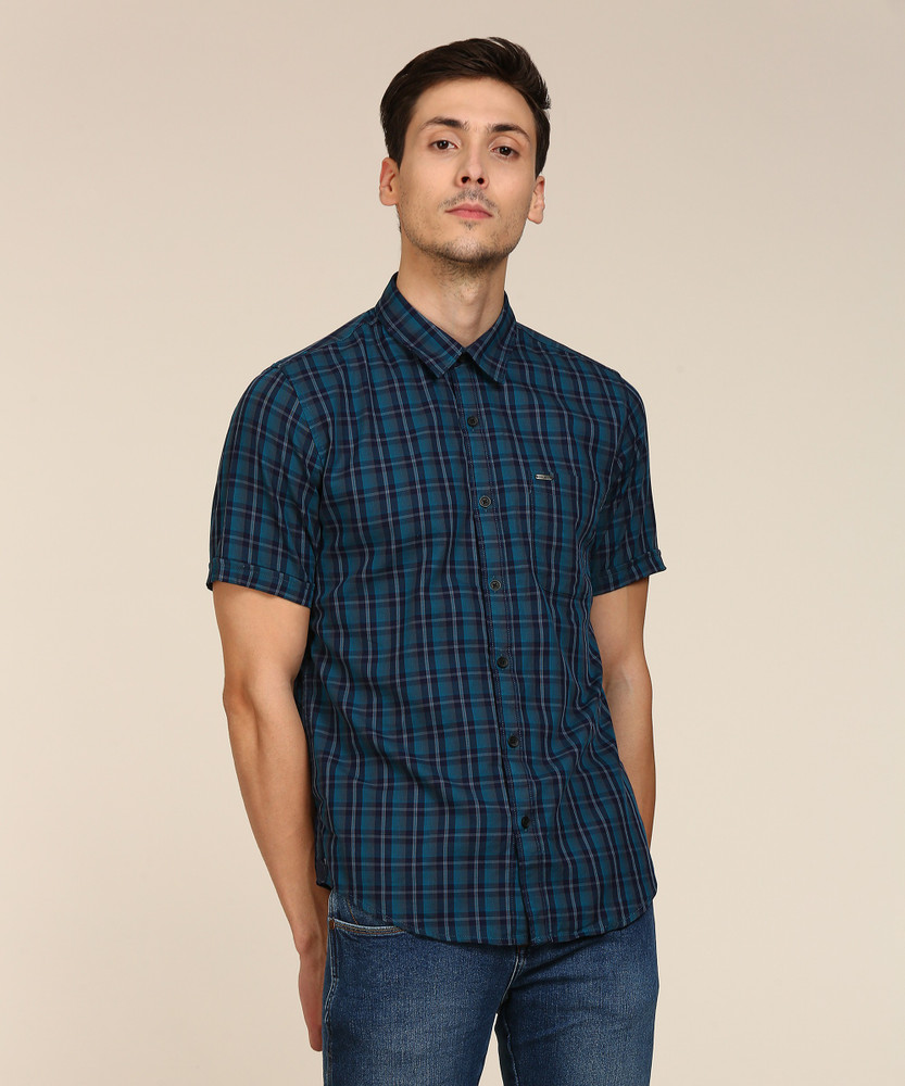Men Checkered Casual Dark Blue Shirt 