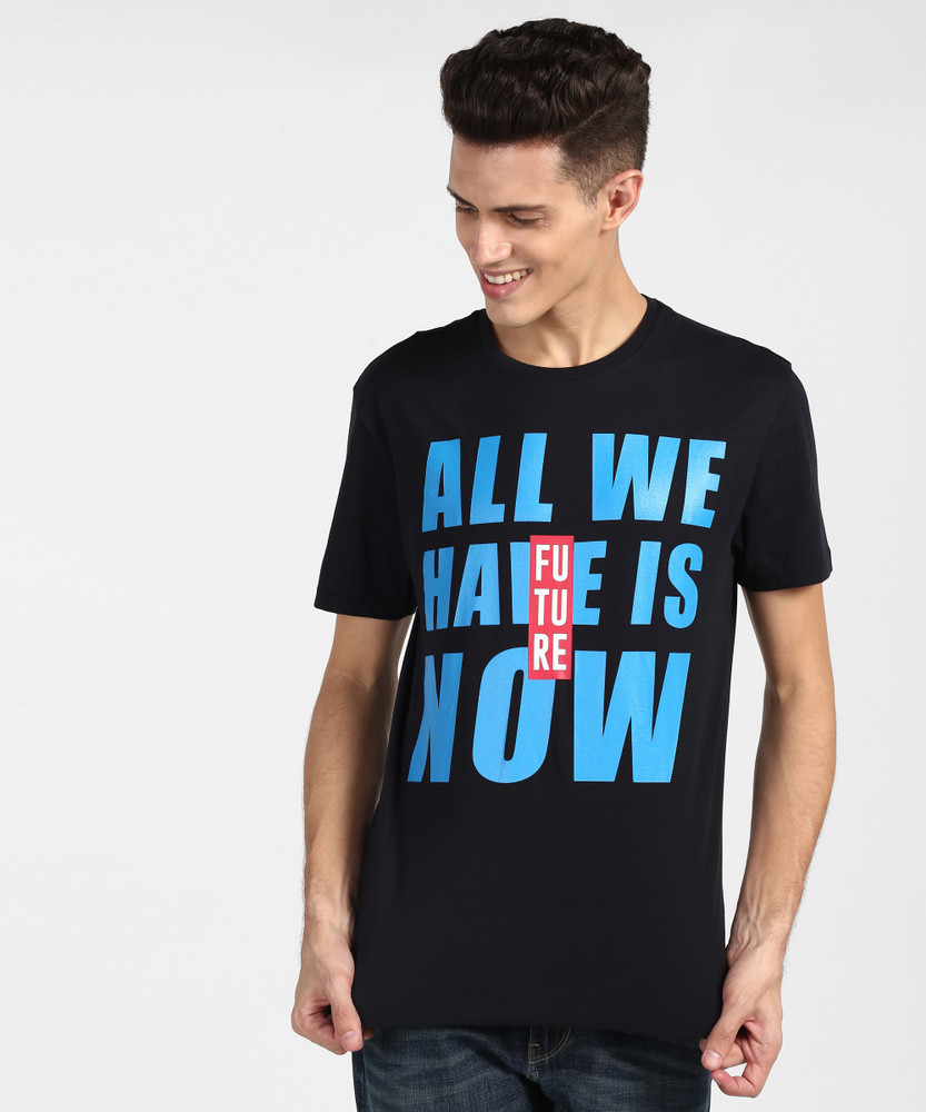 Printed Men Round Neck Black T-Shirt 