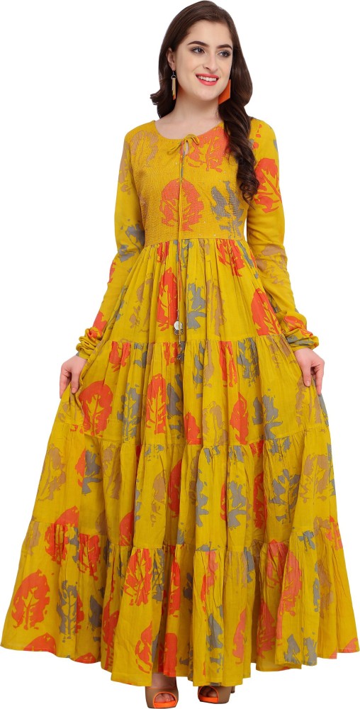 raisin women mustard printed maxi dress